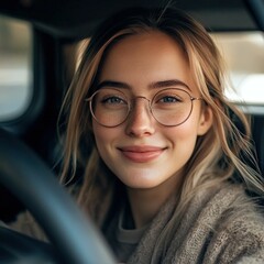 Wall Mural - Young woman with glasses smiles inside a car on a sunny day