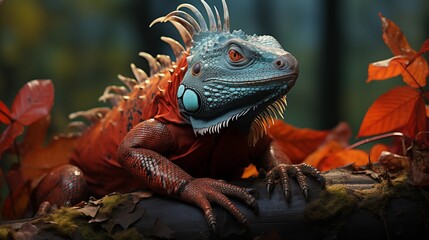 Wall Mural - vibrant red and blue iguana with intricate scales and spines posing on a log with autumn leaves in the background