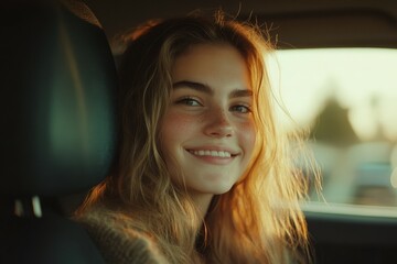 Smiling young woman in car during golden hour capturing joyful moment