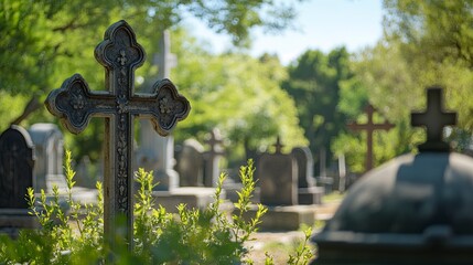 Madrid, Spain; 6th June 2021: Crosses in the foreground and tombstones in the background of the old cemetery of San Isidro in Madrid, Spain. generative ai