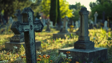 Madrid, Spain; 6th June 2021: Crosses in the foreground and tombstones in the background of the old cemetery of San Isidro in Madrid, Spain. generative ai