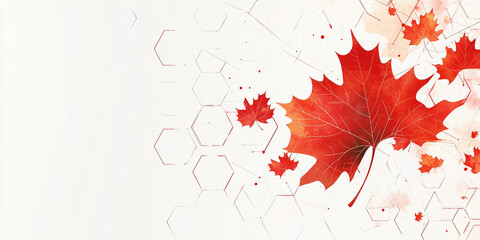 Wall Mural - Elegant Red Maple Leaf Design with Hexagonal Geometric Patterns on a White Background, Representing Nature, Autumn, and Canadian Identity
