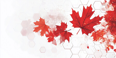Wall Mural - Elegant Red Maple Leaf Design with Hexagonal Geometric Patterns on a White Background, Representing Nature, Autumn, and Canadian Identity