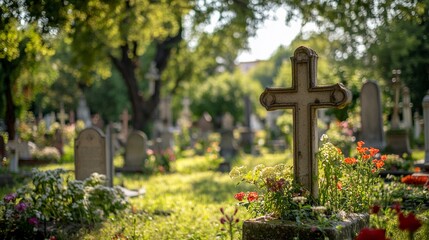 Madrid, Spain; 6th June 2021: Crosses in the foreground and tombstones in the background of the old cemetery of San Isidro in Madrid, Spain. generative ai