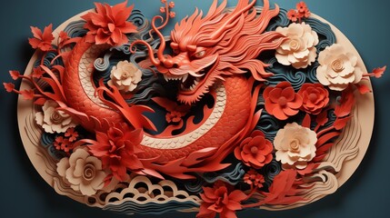 Wall Mural - Year of the dragon chinese celebration. Paper cut out Chinese dragon design