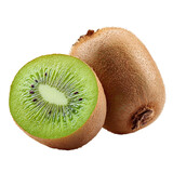 A whole kiwi fruit and a cut slice on a white background, emphasizing the unique texture of the fruit
