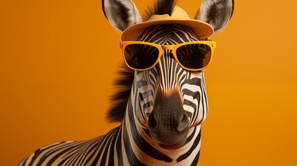 Wall Mural - zebra in party hat and sunglasses over yellow background.