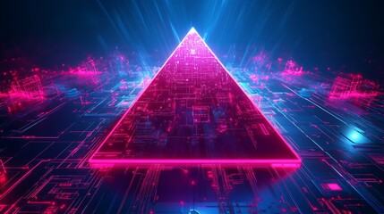 Poster - Discover a striking 3D pyramid that radiates vibrant neon light, representing cuttingedge data analysis and futuristic technology within a captivating digital landscape that sparks imagination