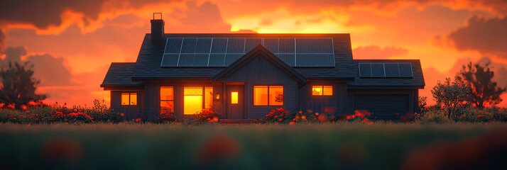 Canvas Print - Modern house with solar panels on the roof at sunset.