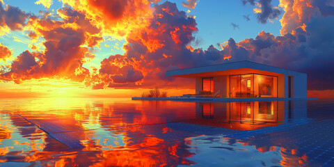 Poster - Modern home with a pool reflecting a fiery sunset.