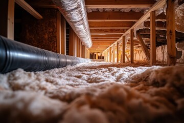 This closeup view of a crawl space highlights essential plumbing systems, insulation materials, and sturdy beams, showcasing the hidden infrastructure vital to home design and construction