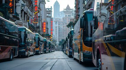 Naklejka na meble Tour buses lined up in front of a popular attraction, waiting for passengers to board.