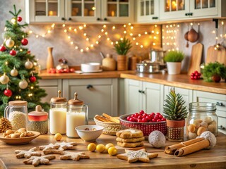 Design a cozy holiday kitchen filled with baking ingredients, decorated cookies, and festive kitchenware.