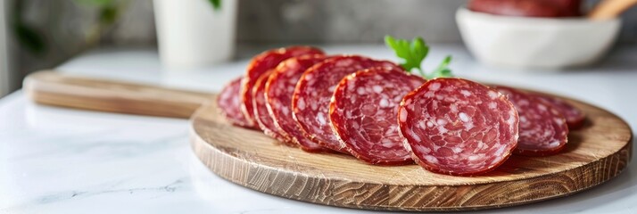 Wall Mural - Slices of smoked salami arranged on a cutting board atop a light-colored surface.