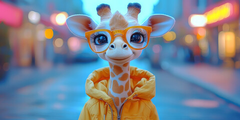 Sticker - A cute giraffe wearing yellow glasses and a yellow jacket stands on a city street.