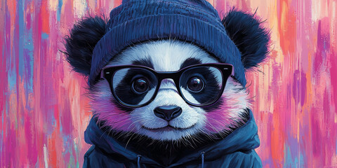 Canvas Print - Cool panda wearing glasses and a beanie.