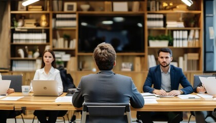 Candidate Facing Interview Panel in Professional Office Setting