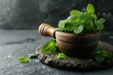 Wall Mural - A wooden bowl filled with fresh mint leaves