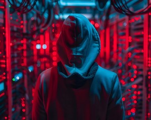Poster - Mysterious figure in hoodie surrounded by servers bathed in blue and red light, depicting cyber security and hacking concept.