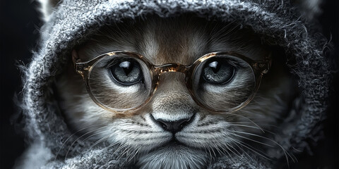 A cat wearing glasses and a cozy sweater.