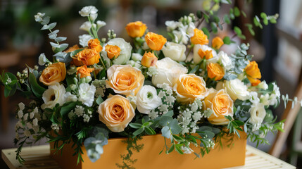 Beautiful bouquet of yellow and white various flowers in a yellow box