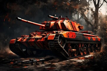 close-up illustration of a red tank in a war scene, showcasing detailed combat elements..