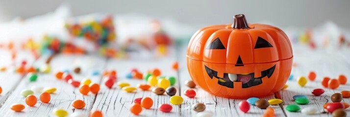 Poster - Halloween pumpkin made of plastic, overflowing with candy, placed on a rustic white wooden table with scattered sweets.