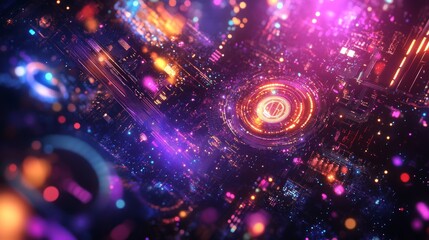 Poster - This vibrant digital abstract image features glowing elements, intricate fractal patterns, and unique cybernetic shapes, ideal for modern technology themes and engaging presentations across platforms