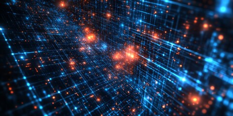 Poster - This modern abstract piece showcases vibrant blue and orange tones intricately woven into a dynamic cyber network, symbolizing the flow of data and connections in a vast digital universe