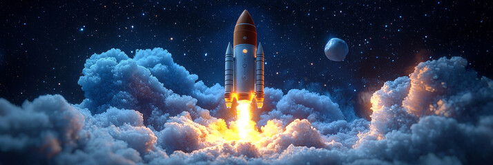 Wall Mural - A rocket blasts off through the night sky, leaving a trail of fire and smoke.