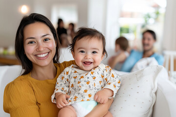 Smiling mother holds happy baby in cozy indoor setting