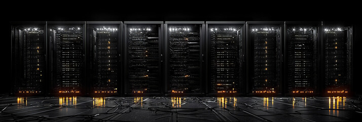 Wall Mural - A row of server racks glowing with orange light in a dark server room.