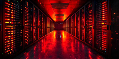 Wall Mural - A long hallway in a server room with red lights illuminating the floor.