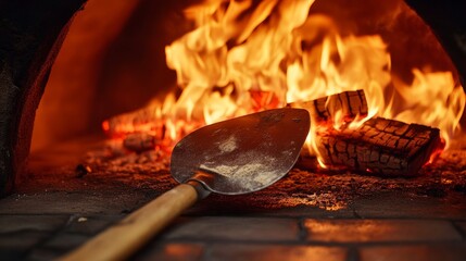 a traditional oven that bakes and cooks pizza with a shovel. Wood in the oven being burned. oven that burns wood. an image of a pizza oven burning bricks