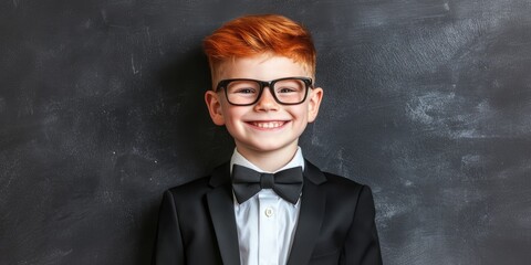 A cheerful young boy with bright red hair and glasses, dressed in a formal tuxedo, smiles confidently against a dark textured backdrop