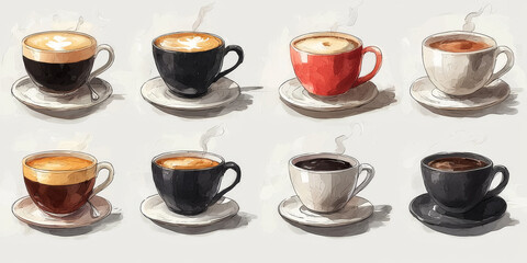 Eight cups of steaming coffee, each with a unique mug and color.