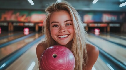 Beautiful blonde ready to play bowling, smiling, holding a ball, and facing the camera