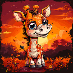 Poster - Cute cartoon giraffe on a background of the autumn forest.