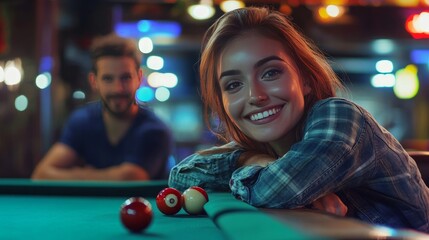 The male player is in the background, and the attractive pool player is smiling and leaning on the billiard table.