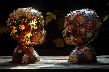 Poster - Neural potential Social neural dynamics Two human heads made from puzzle pieces illuminated by warm light showcasing human connection individuality and complexity