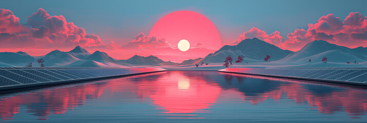 Wall Mural - Solar panels line a serene lake with mountains in the background under a vibrant pink sky.