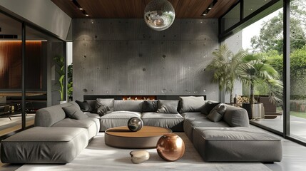 Poster - Modern living room with grey sofas, disco ball, and coffee table