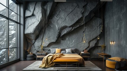 Wall Mural - Technology-themed bedroom with grey stone wall and decor.