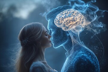 Sticker - Neural capacity Mental synchronization Woman kissing digital holographic head with visible brain symbolizing technology human connection and the fusion of emotions with artificial intelligence