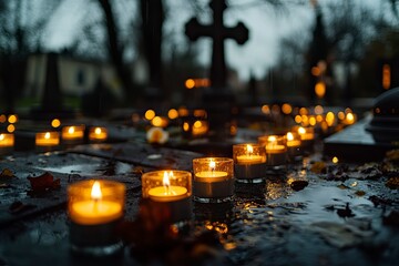 TARNOW, POLAND - NOVEMBER 01, 2017: Candles on the grave glowing in the dark around cross-relief. All Saints Day festival celebrated on a rainy day at the Old Cemetery, generative ai