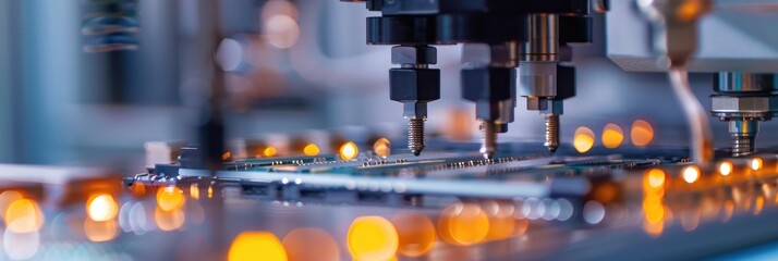 Poster - Automated production of computer chips through SMT Pick and Place machinery featuring machine vision systems for inspecting PCB component size and placement during chip manufacturing.