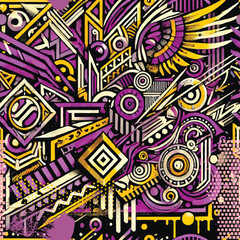 Poster - Graffiti tribal ethnic style abstract vector seamless pattern with purple, black, yellow geometric shapes, spirals, zigzag lines, circles, stripes and splatters. Modern background. Endless texture.