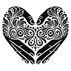 Vector black ornamental hands silhouette forming a love heart shape with intricate floral patterns. Isolated ornate Love heart shape hands on white background.  For emblem, logo, prints, icon, sign.