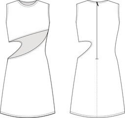 Wall Mural - round neck crew neck zippered low cut cutout a line short mini dress template technical drawing flat sketch cad mockup fashion woman design style model
