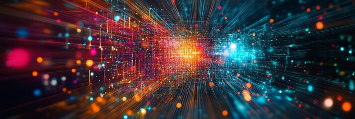 Poster - A stunning digital abstract of cyberspace, featuring glowing particles and modern fractals in a dynamic, immersive 3D design that captivates the viewers imagination and attention